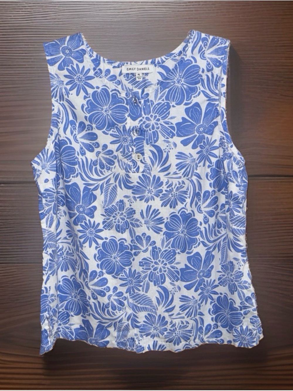 Emily Daniels Blue Floral Scoop Neck Linen-Blend Top-PL-EC